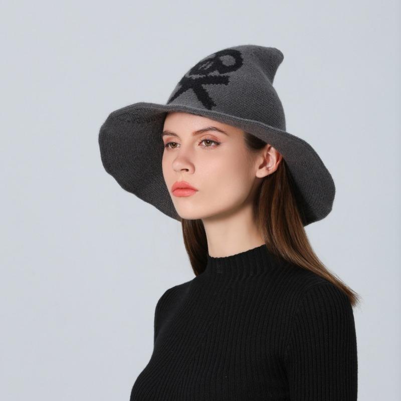 New Halloween Skull Wizard Hat Big Eaves Wool Knitted Ghost Head Witch Hat Women's Party Hat