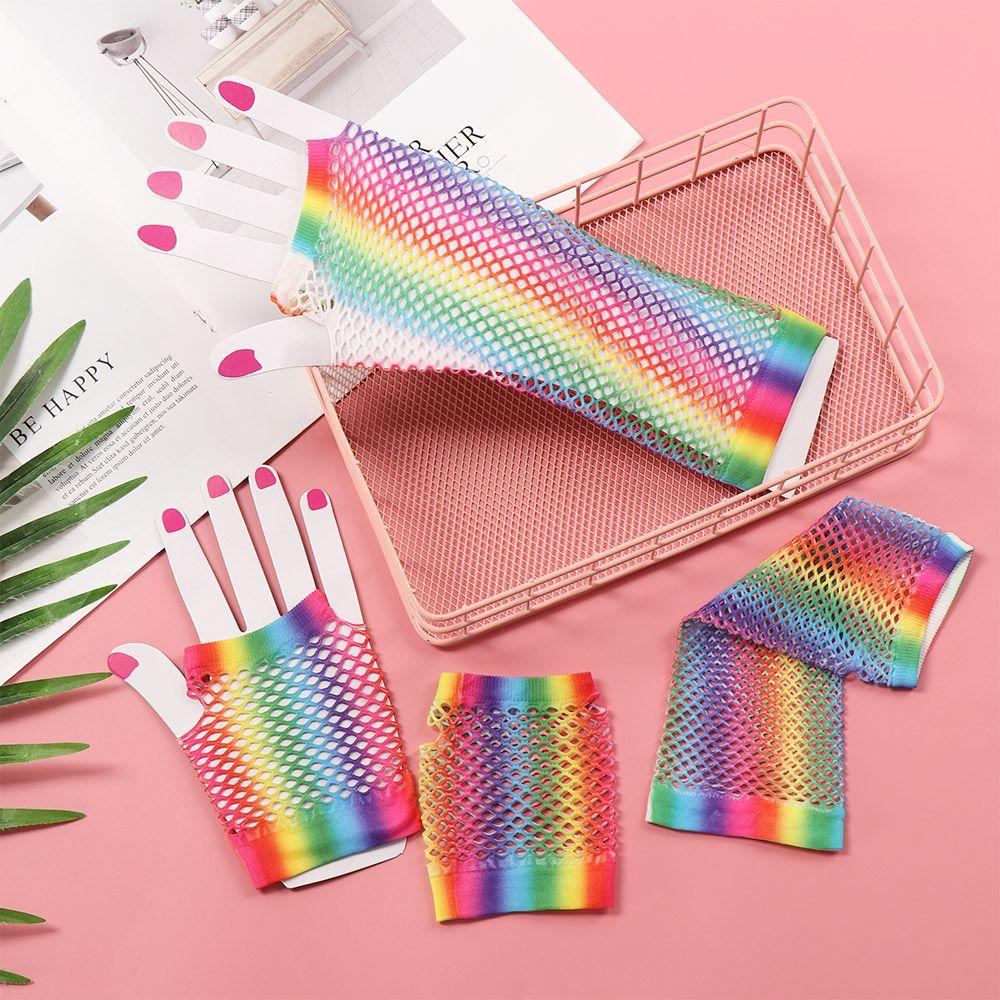 Shiny Colorful Wedding Party Disco Dance Hollow Out Holes Gloves Fingerless Mesh Net Rainbow