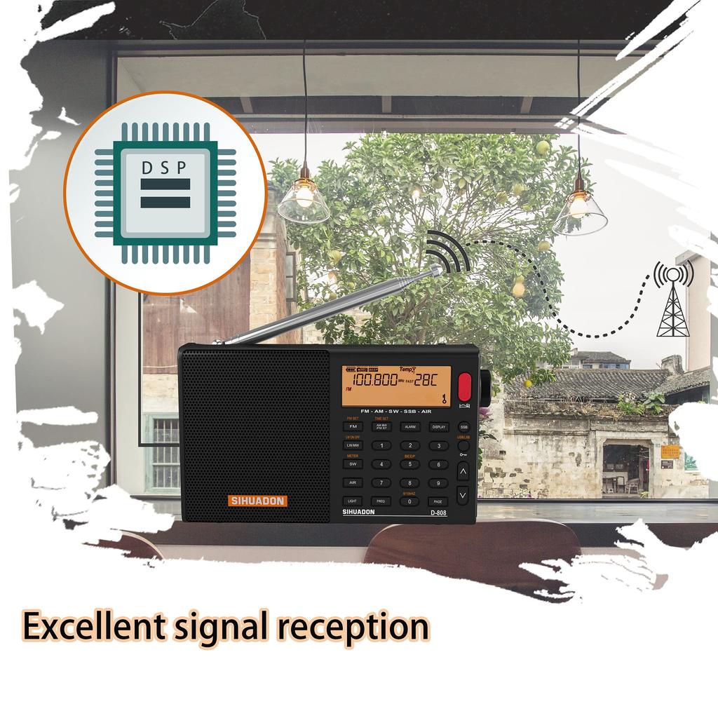 Портативное радио SIHUADON D-808, FM/AM/SW/LW/Авиадиапазон, SSB/BCL/DSP/RDS, Чувствительность, Компактное, В комплекте простое руководство пользователя на японском языке