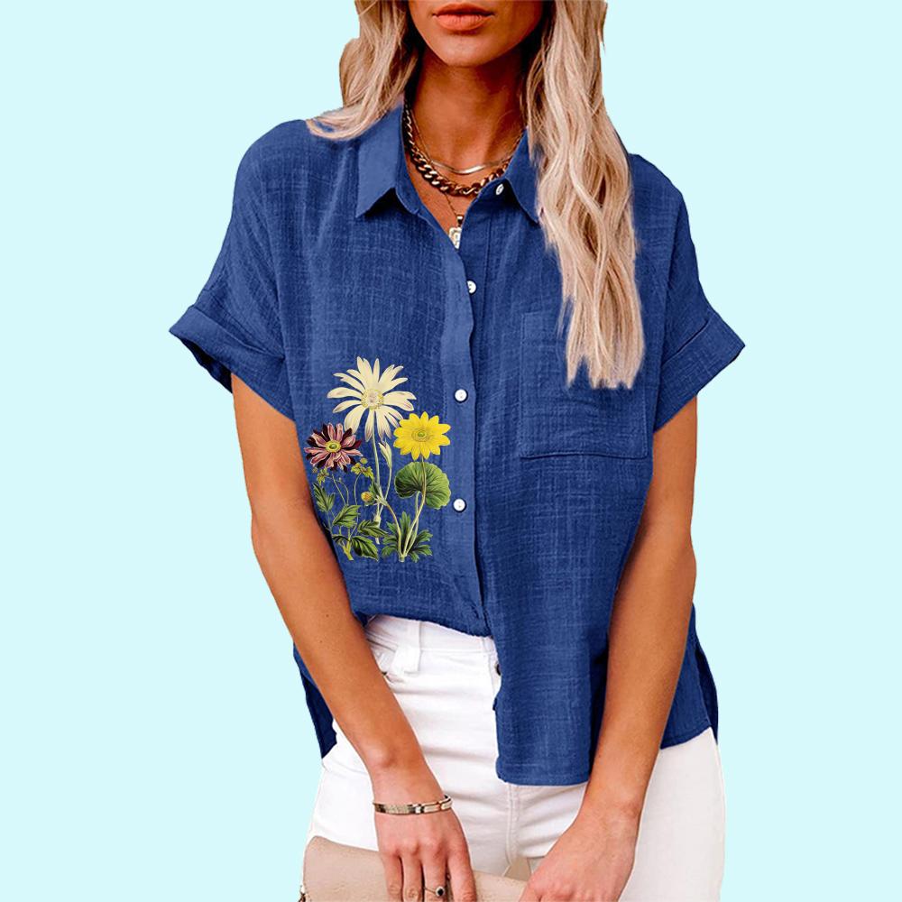 Большие размеры Женская мода цветочный принт блузка повседневная льняная футболка женская свободная рубашка с коротким рукавом на пуговицах