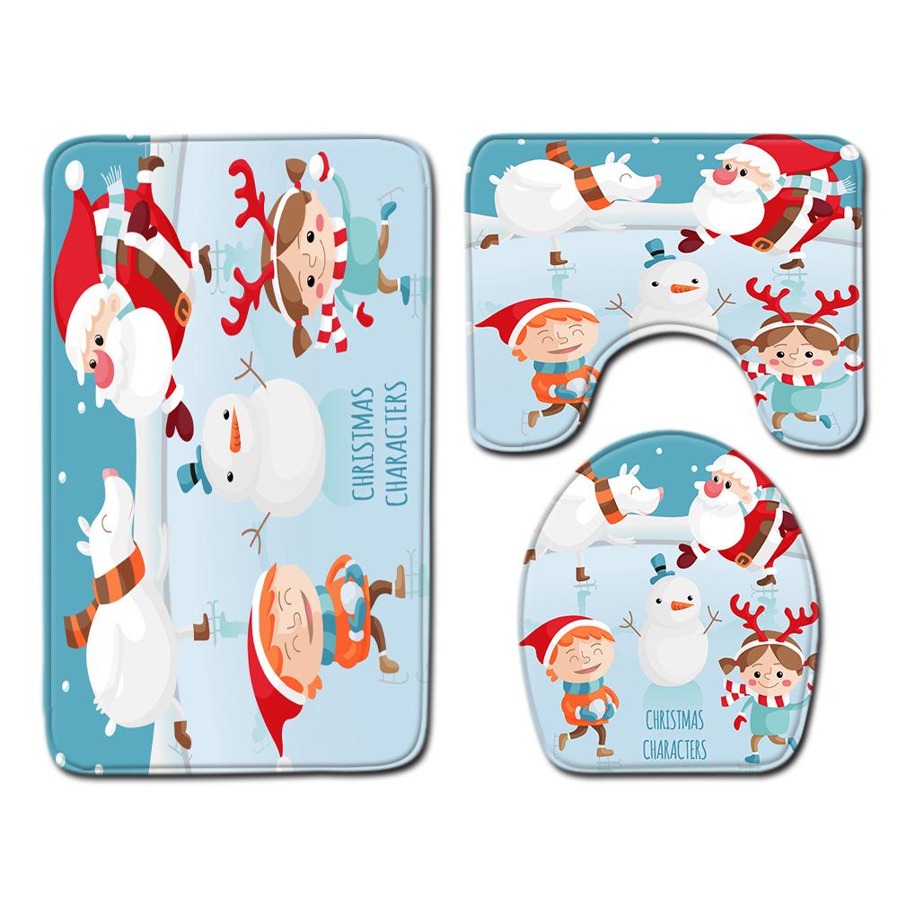 Christmas Shower Curtain Polyester Cloth Toilet Seat Four-Piece Set Entrance Door Mat Bedroom Living Room Floor Mat Carpet