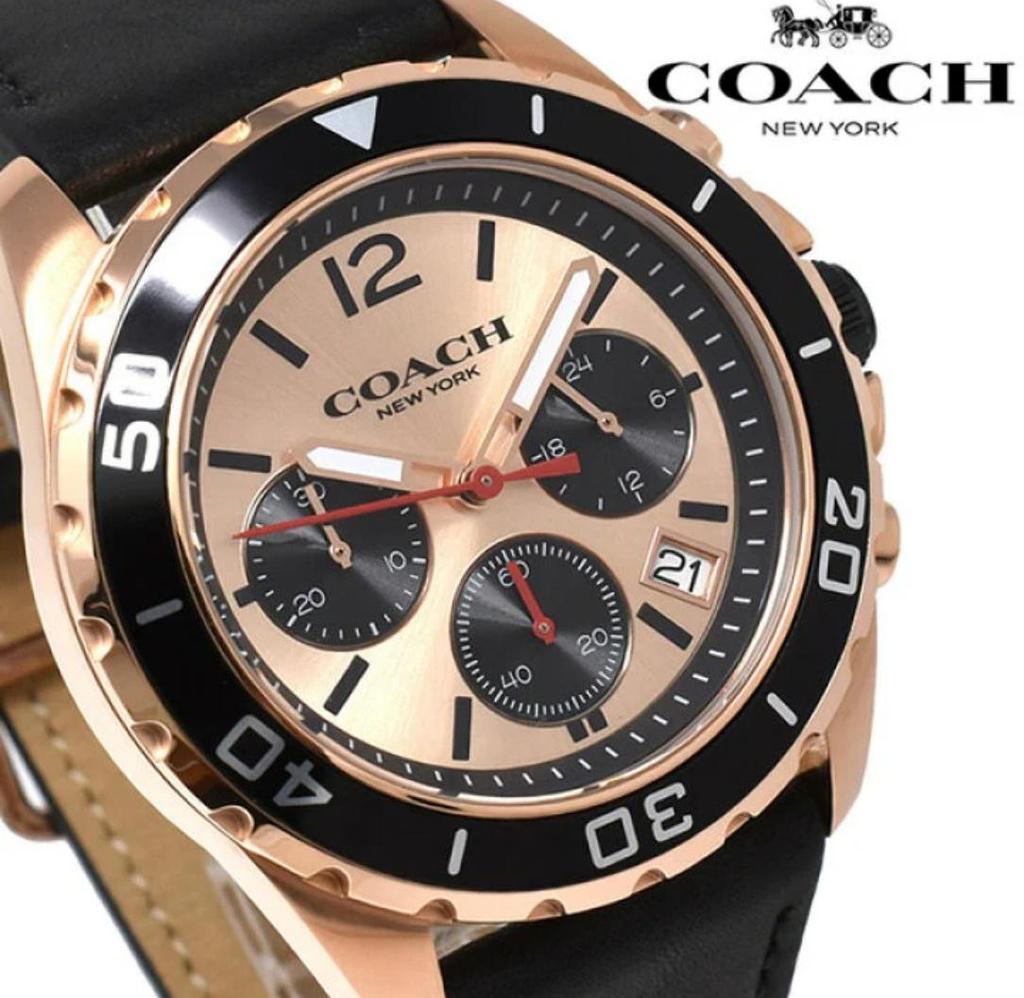 Coach Часы-хронограф Kent с циферблатом из розового золота и черным кожаным ремешком для мужчин - 14602559