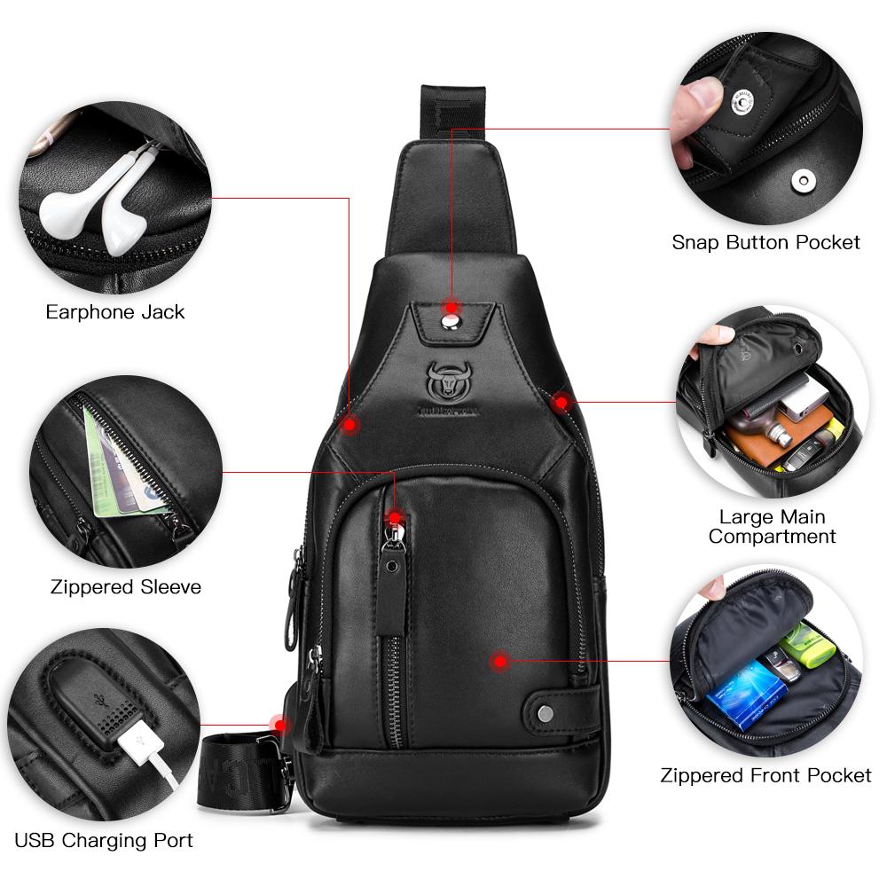 Men Leather Sling Bag Casual Shoulder Chest Crossbody Bag Hiking Travel Daypack with USB Charging