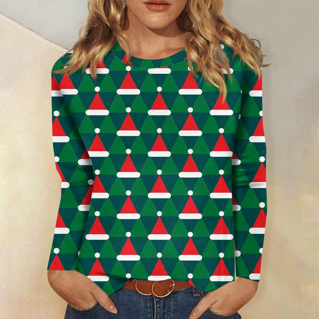 Женская модная повседневная футболка с круглым вырезом и рождественским принтом и длинными рукавами