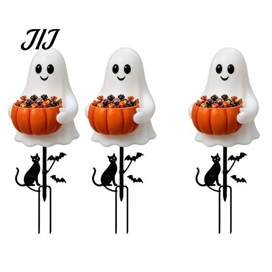 Weather Resistant Yard Art Halloween Ghost Candy Bowl Garden Stake, 2D Flat Pumpkin Holder with Cat Cute Decor And Bats, Trick or Treat for
