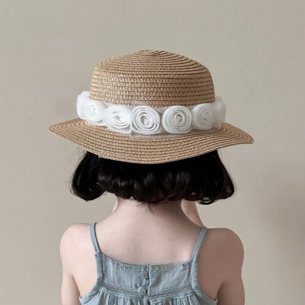 Summer Baby Straw Caps French Children Sun Hat Trendy Flower Lace Straw Hat for Kids