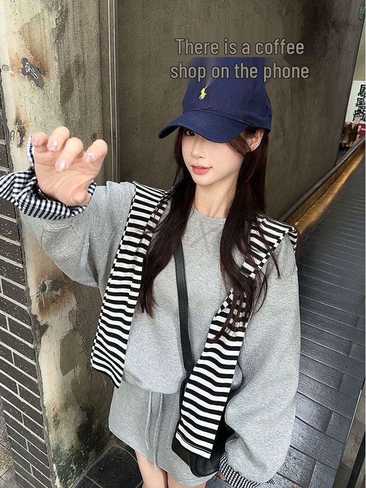 Korean Color Block Striped Shawl Two-Piece Set: Loose Long Sleeve Sweatshirt & High Waist Drawstring Midi Skirt for Early Autumn