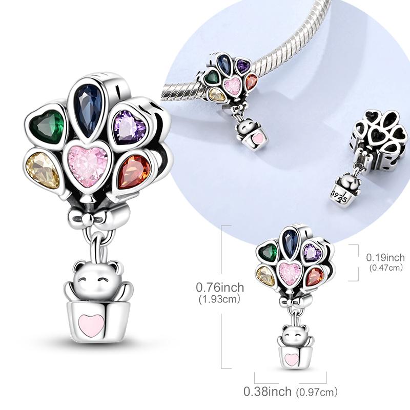Original 925 Sterling Silver Heart Zircon Hot Air Balloon Pendant Fit Original Bracelet Necklace For Women DIY Jewelry Gift