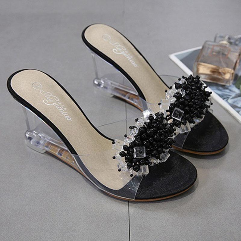 Women Slippers Sandals 8Cm Wedge High Heels Transparent Crystal Rhinestone Slippers