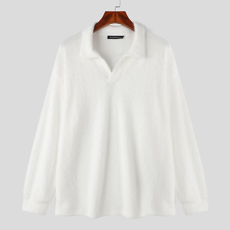 INCERUN Autumn Winter Men Lapel V Neck Long Sleeve Fleece Sweaters Warm Pullovers
