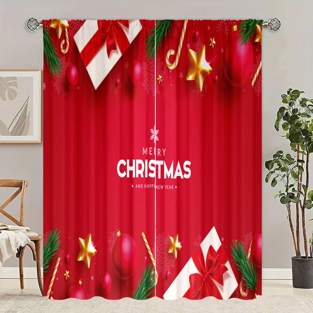2 Pieces - Christmas - Printed Curtain - Polyester Material - Suitable for Bedroom, Living Room, Study Private Curtain