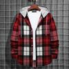 Men Spring Shirt Drawstring Contrast Color Plaid Print Hooded Cardigan Keep Warm Single-breasted Buttons Men Spring Autumn Shirt for Daily Wear
