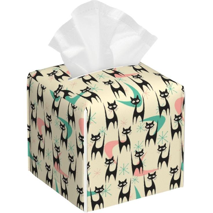 Black Cats Tissue Box Cover Square,Leather Tissue Holder with Bottom Belt,Waterproof Leather Facial Paper Organizer Tissue Box Cover for Home Office