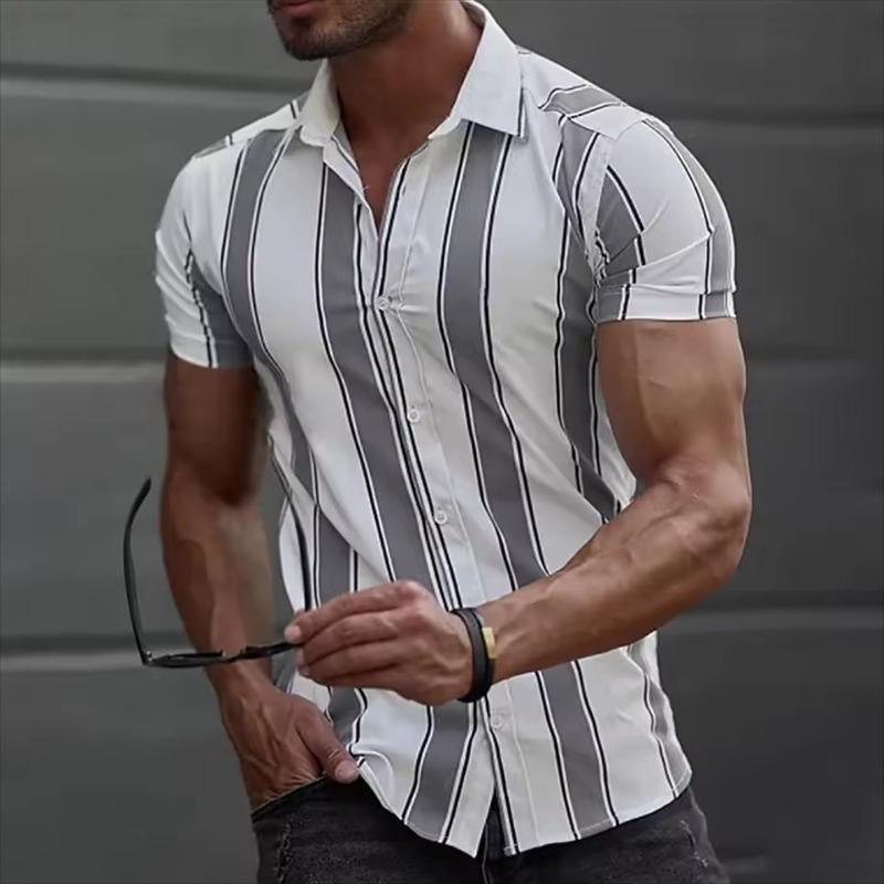 Summer Casual Mens Striped Short Sleeve Shirt Hawaiian Style