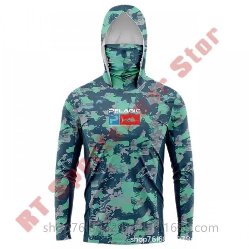 Mens Quick-Dry Ice Silk Long Sleeve Fishing Shirt UPF50 Sun Protection Hooded Tee With Integrated Face Cover