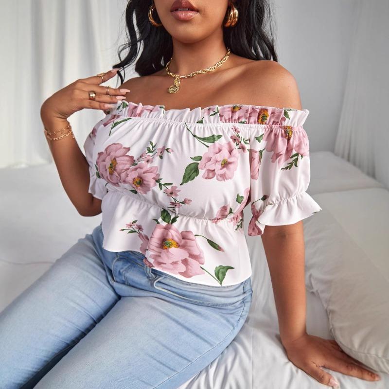 Плюс Размер Женский Сексуальный Воротник Одной Линии Темперамент Цветочный Короткий Рукав Короткий Топ