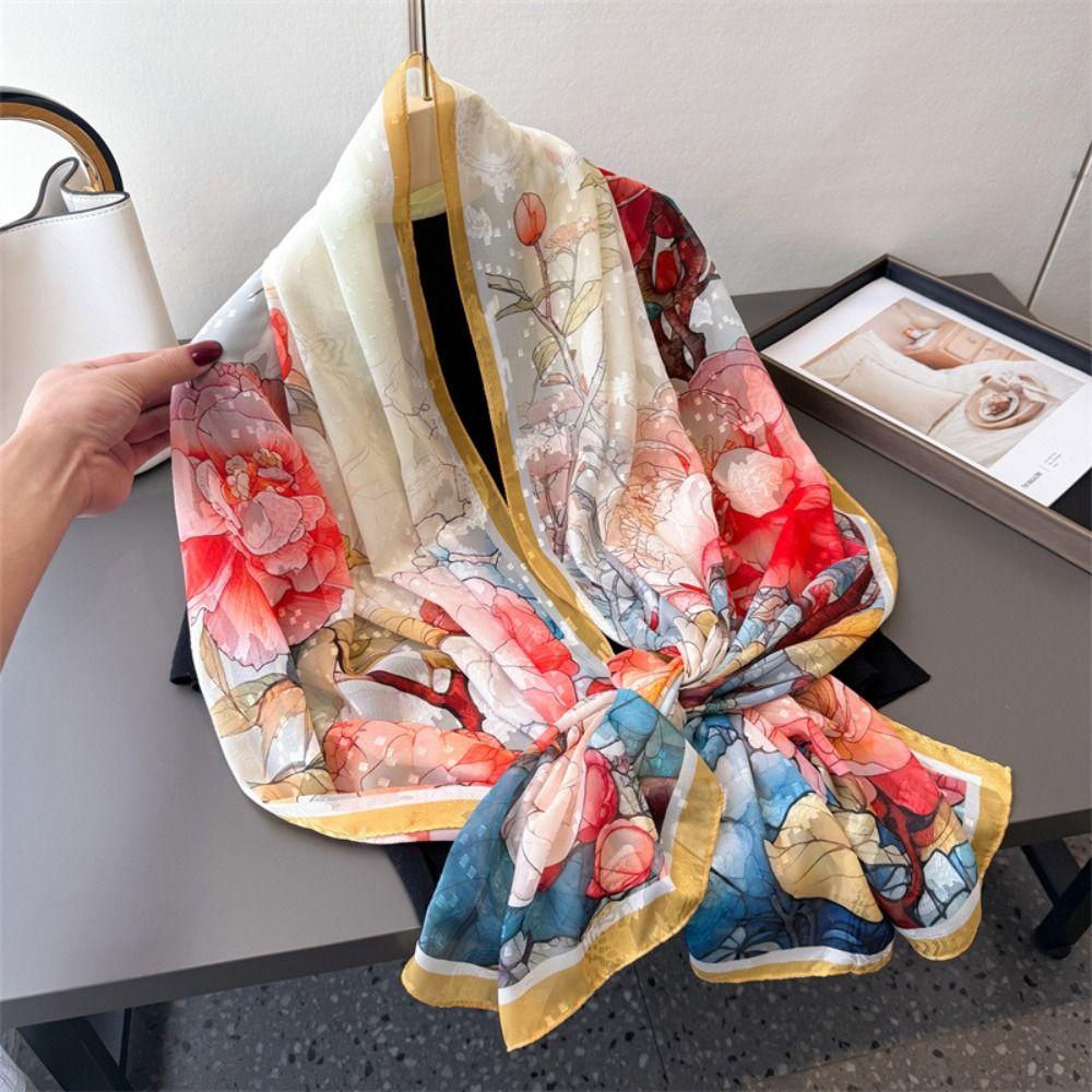 Soft Silk Scarves Peony Flower Female Shawl Wrap Fashion Women Head Scarf Summer