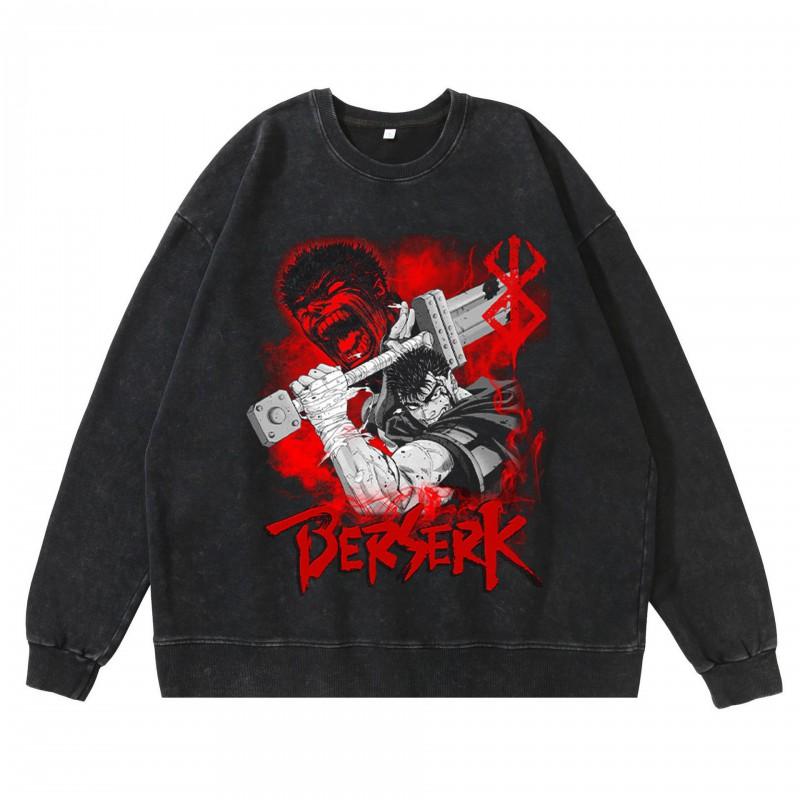Heavyweight 360g Washed Vintage Berserk Anime Streetwear Cotton Pullover Hoodie Men