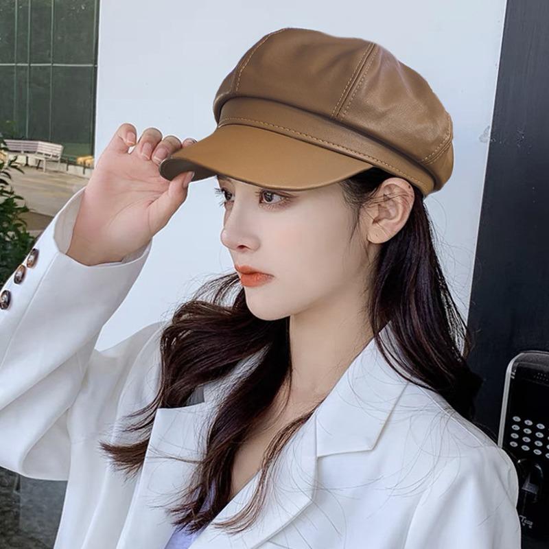Berets Female Korean Version Small Pu Leather Caps Octagonal Caps