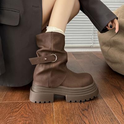 Maillard короткие ботинки Мартин женские 2025 осень и зима новые коричневые британский стиль ретро круглый носок платформа брюки ботинки