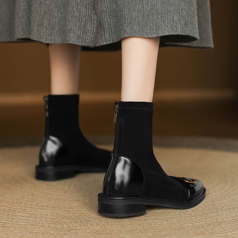 Krazing Po Микрофибра Флок Зима Круглый Носок Размер 33 Ботильоны Челси Размер 43 Молния Металлическая Пряжка Низкий Каблук Ботильоны