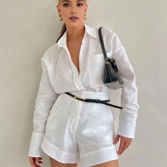 2 Pcs/Set Women Shirt Shorts Set Solid Color Long Sleeves Turn-down Collar Chest Pocket Blouse High Waist Loose Above Knee Length Pants Set
