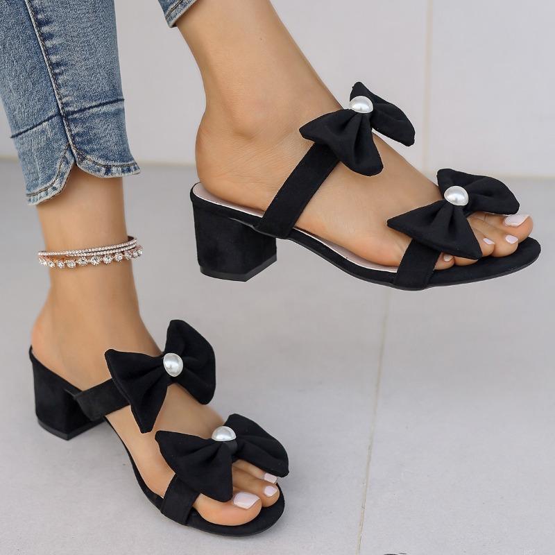 Fashion Summer New Style Thick Heel Sandals Women Fashion Square Head Open Toe Butterfly Knot Anti-slip Wear Slippers