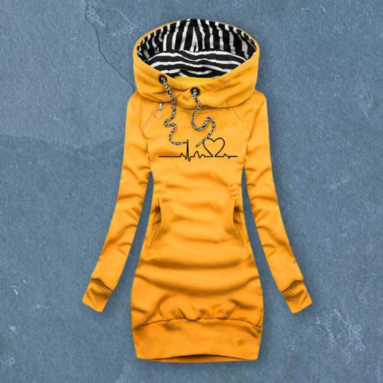 Пуловер средней длины на шнурке с передним карманом и длинными рукавами, женская осенне-зимняя толстовка с принтом «сердцебиение», облегающая толстовка с капюшоном, верхняя одежда