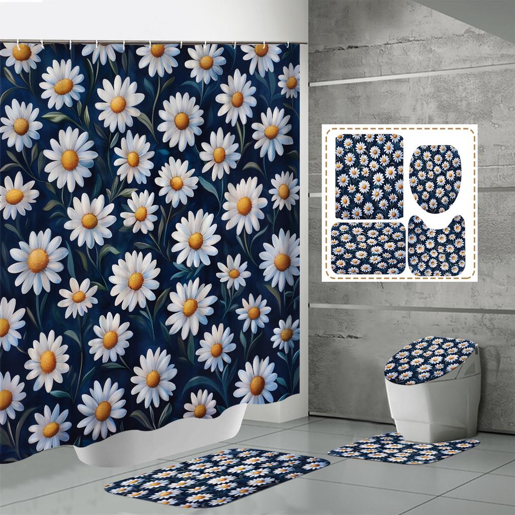 4 ШТ. Наборы штор для душа со шторкой для душа и ковриками, коврик для крышки унитаза, U-образный коврик и коврик для ванной, набор для ванной комнаты с 12 крючками