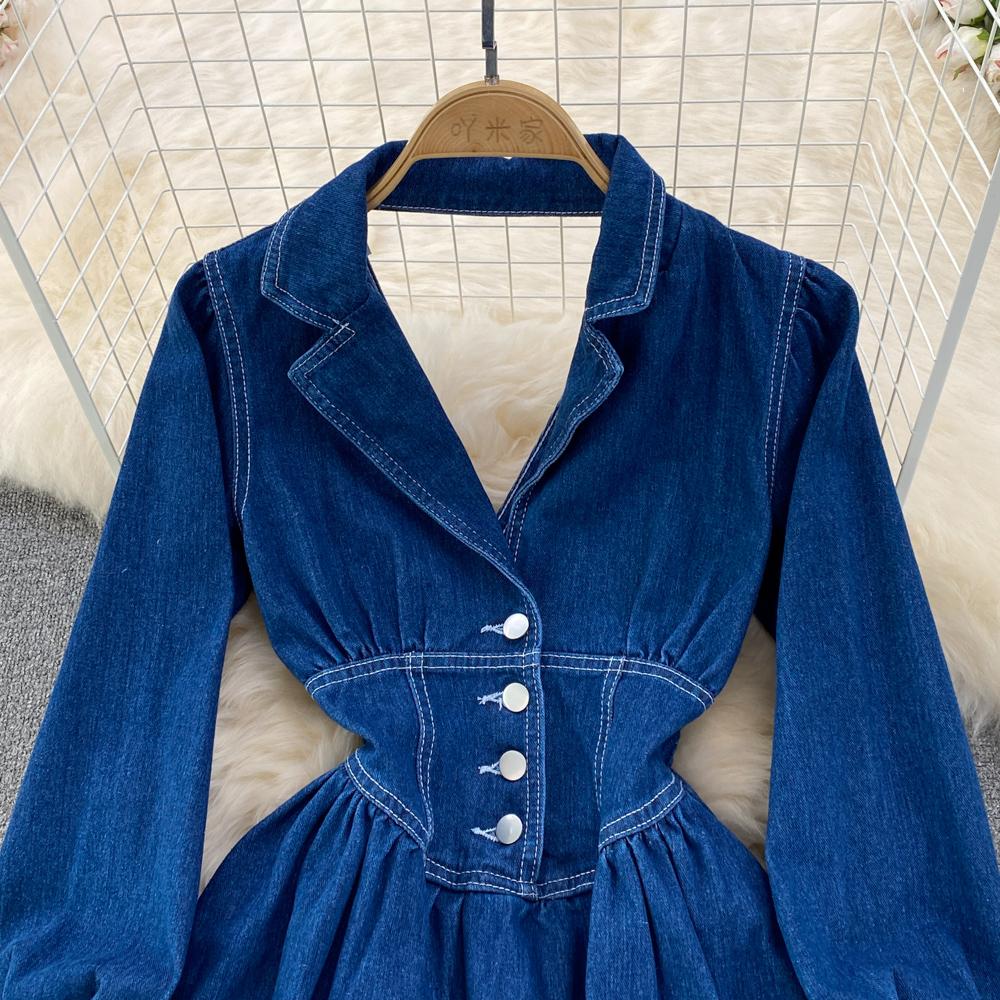 RUGOD Весеннее и осеннее джинсовое платье трапециевидной формы с воротником на талии и талией. Элегантное длинное платье.