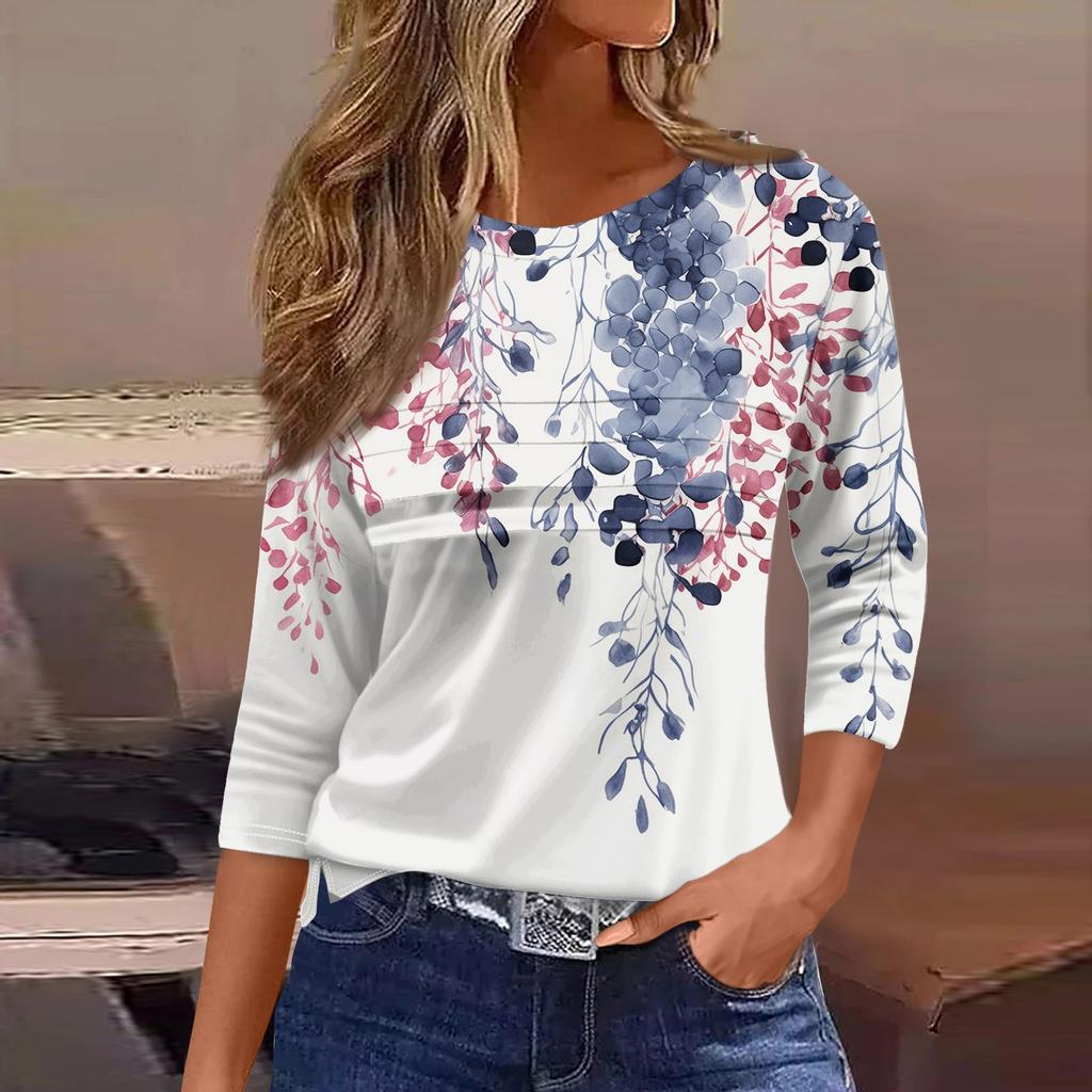 Футболки для женщин, плиссированные, с круглым вырезом, нарядные, повседневные, блузки с принтом, рукав 3/4, летние топы, свободный крой