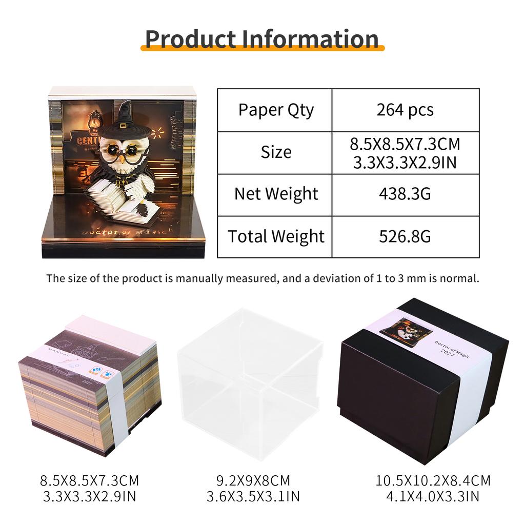 Owl Fantasy Wizard 3D Memo Pad with Magic Book Creative Paper Sculpture Sticky Notes Desk Decoration Collectible Gift
