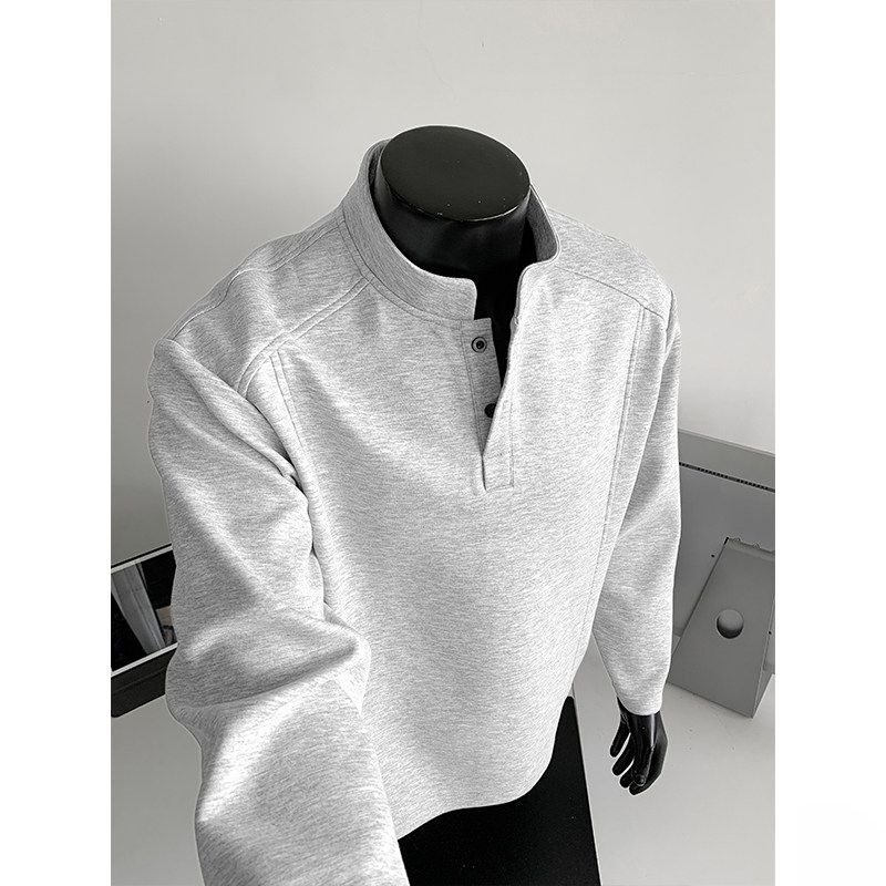 Dongjie No Logo Flus Autumn Henry Collar Straight Shoulder Composite 270g Heavy Cotton Long Sleeve T-Shirt Men's Sweatshirt