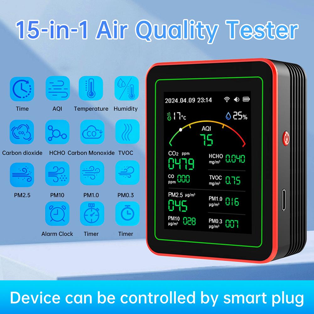 Air Quality Detector TFT Display AQI PM0.3 PM1.0 PM2.5 PM10 CO CO2 TVOC HCHO Tester Tuya WiFi -Compatible Home Supply