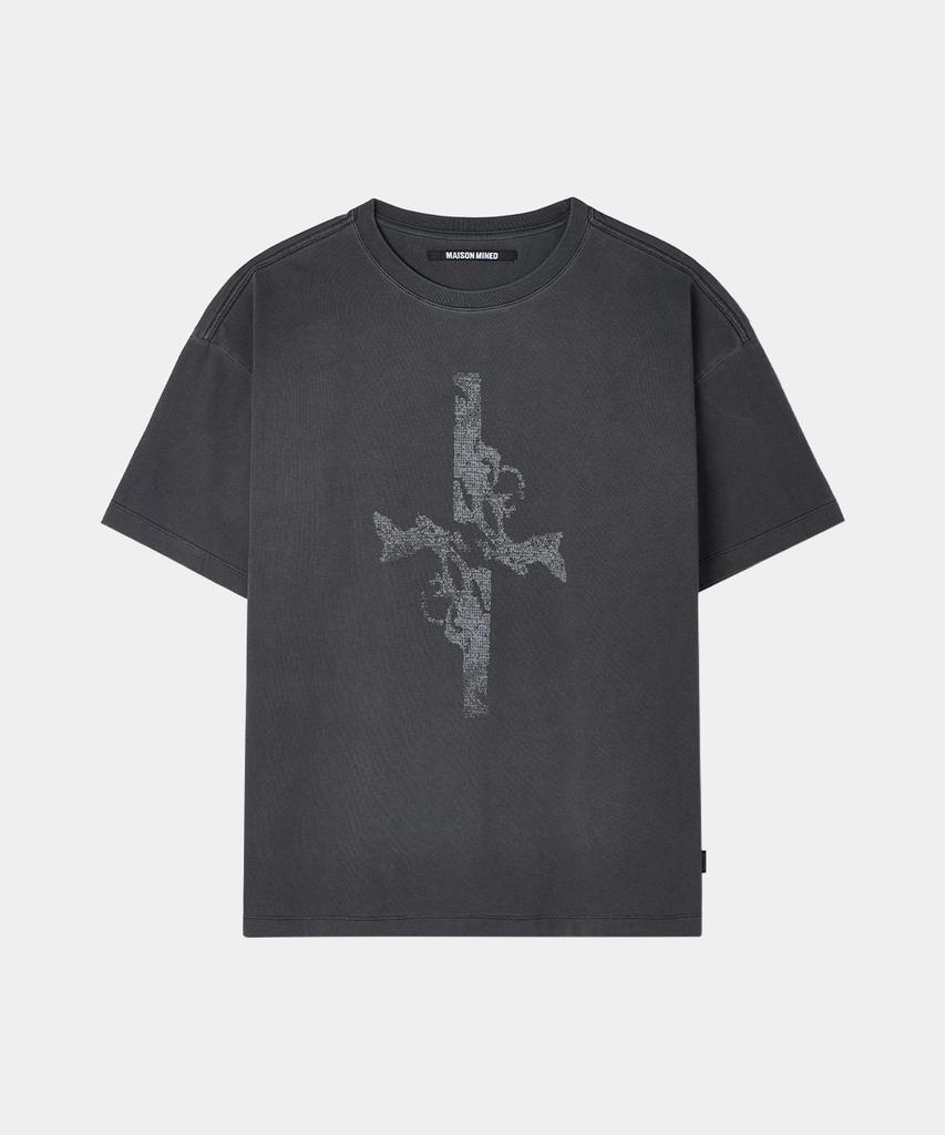 MAISON MINED Футболка с принтом Cross Gun, половина рукава, угольный