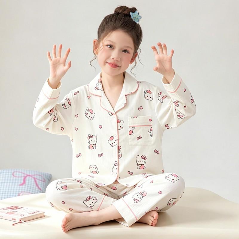 Girls Long Sleeve Cloud Cotton Pajamas Set Cute Open Front Homewear