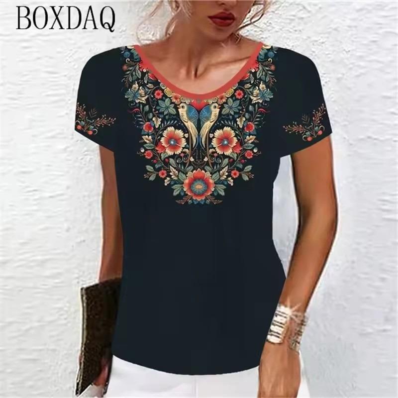 Vintage Classic Women T-Shirts Short Sleeve O-Neck Floral Graphic Female T Shirt Summer 3d Print Flower Casual Tops Big Size 6XL