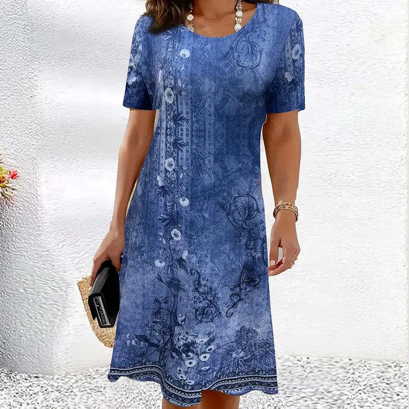 Модное женское свободное платье-трапеция с ретро-узором и принтом в виде листьев с коротким рукавом
