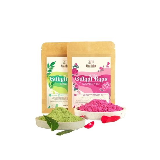 Nat Habit Herbal Gulal Pink & Green Color Combo | Organic Natural Holi Colours | Rose Petals, Neem & Indigo Leaves, Herbal Abir (Pack of 2 X 50g)