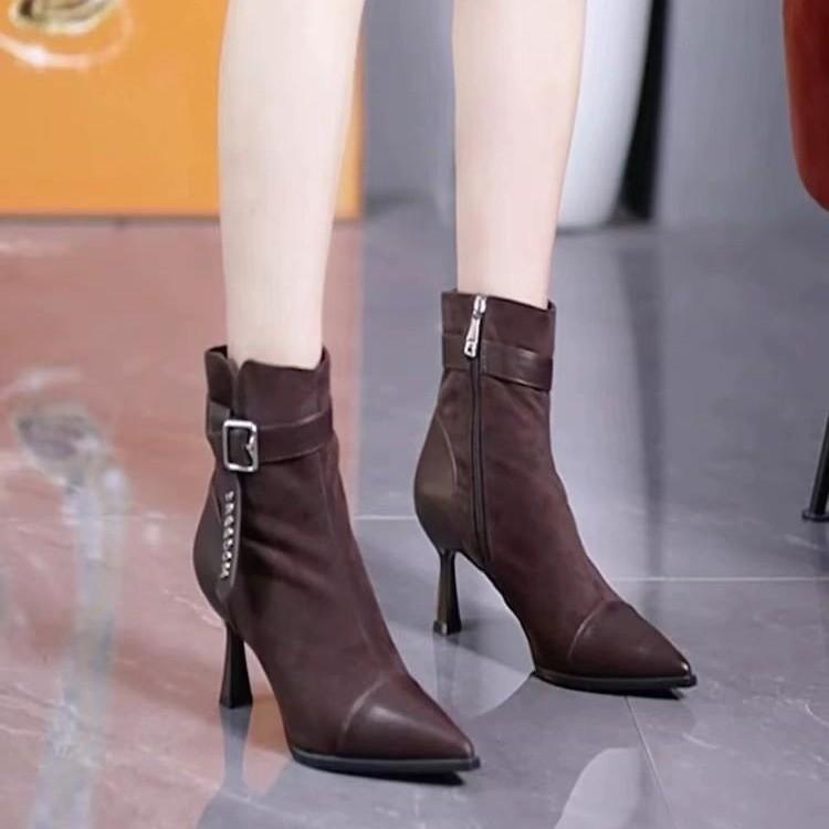 Women Suede Pointed Toe Ankle Boots Dress High Heels Shoes Brand Trend 2025 New Sexy Elegant Gladiator Party Pumps Botas Mujer