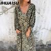 Spring Summer Long Sleeve Print Leopard V-neck Loose Dress for Women