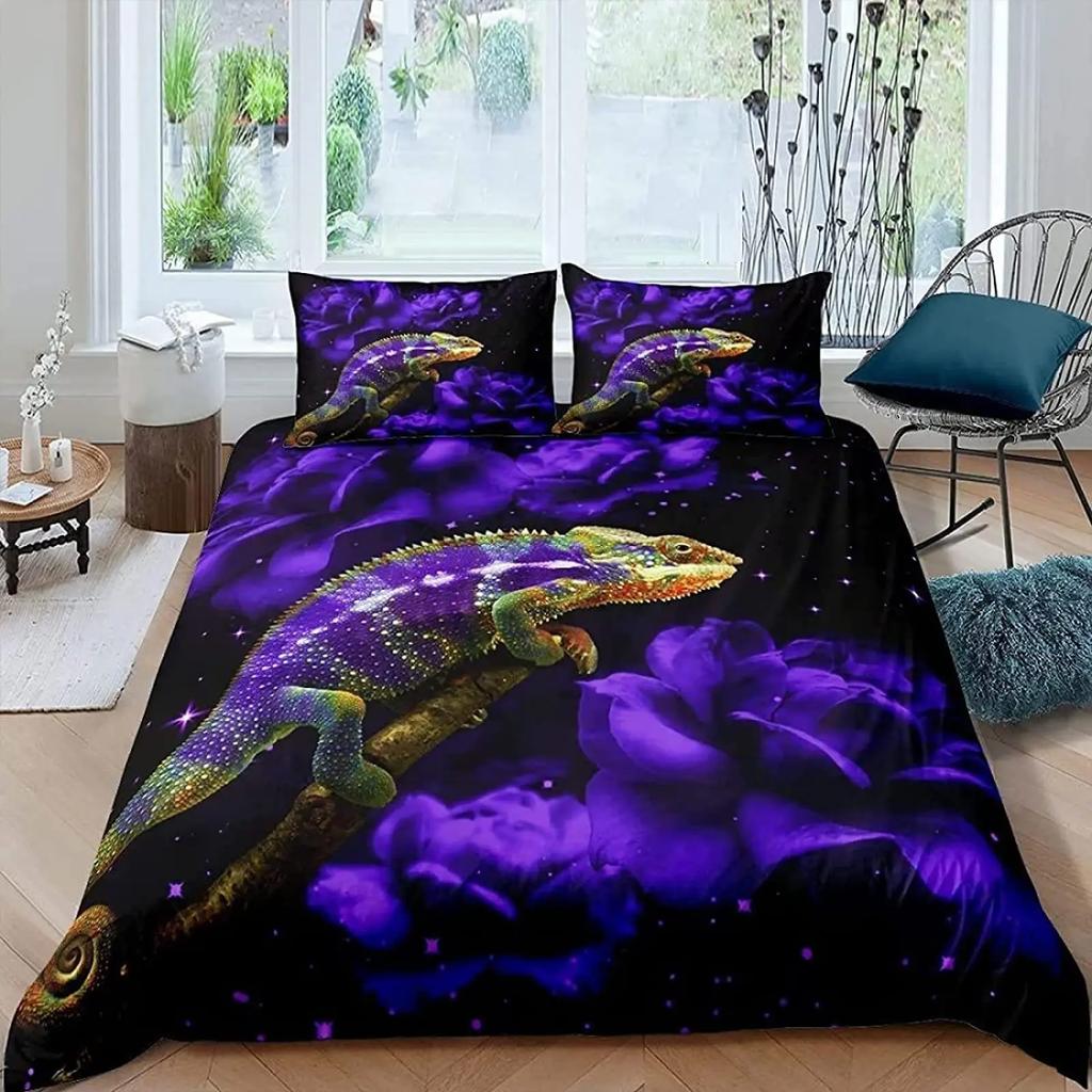 Chameleon Duvet Cover Set 3D Wild Animal Theme Twin Bedding Set Wildlife Comforter Cover Boys Green Leaf Polyester Quilt Cover