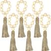 European American Pastoral Napkin Rings 6 Pcs Wood Bead Fringe Hand Woven Twine Napkin Buckle Set