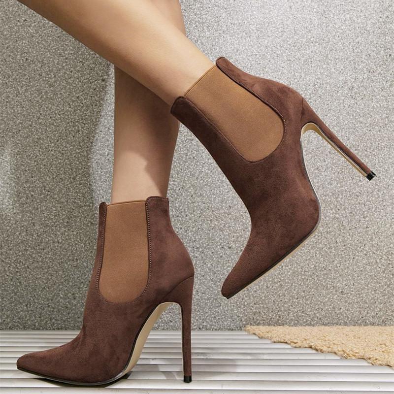 Модные новые ботильоны с острым носком на тонком высоком каблуке для женщин 2024 года, зимние ботинки из искусственной замши, сексуальные ботинки челси для женщин, уличные ботинки Altas