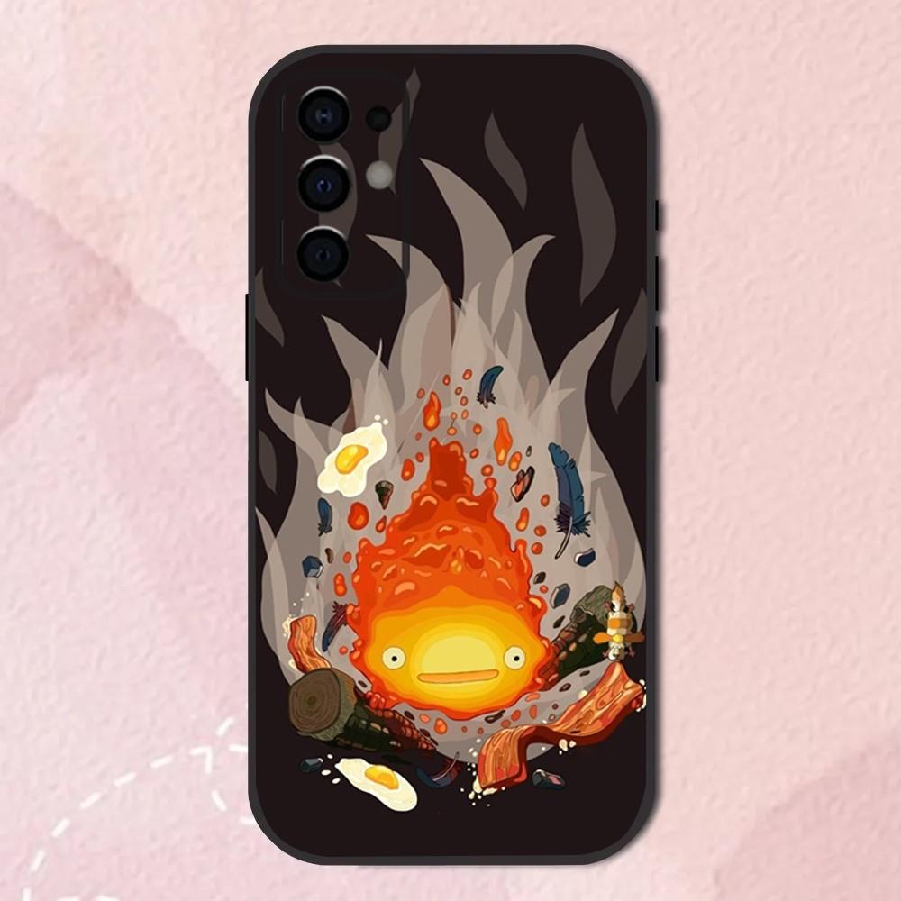 Аниме Милый Чехол-Кальцифер для Телефона Samsung S24,S21,S22,S23,S30,Ultra,S20,Plus,Fe,Lite,Note,10,9,5G Черный Мягкий Чехол