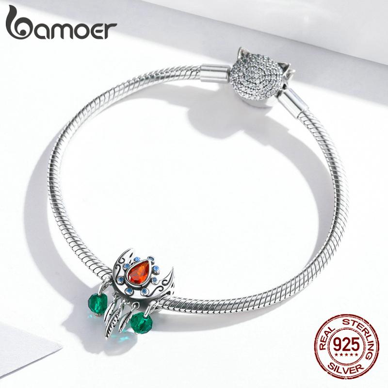 BAMOER стерлингового серебра 925 пробы Винтаж Ловец снов богемный рубин циркон подвеска для оригинального браслета
