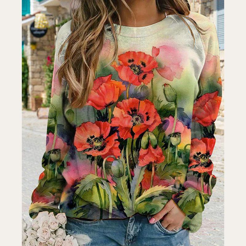 Осенняя мода с длинным рукавом и круглым вырезом с цветочным принтом женские пуловеры футболка блузка топ