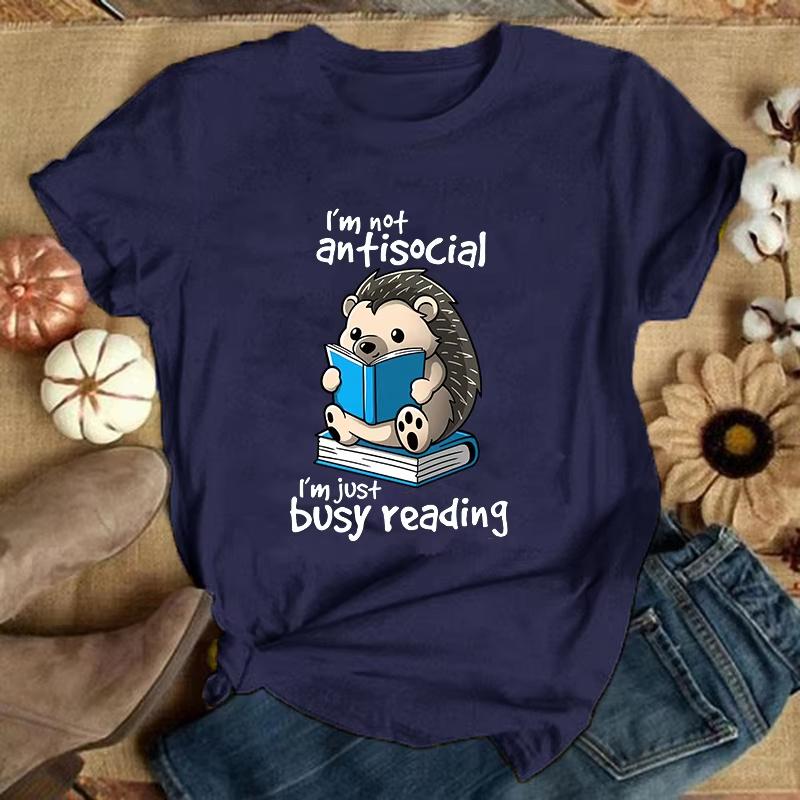 Премиум ФутболкаЁжик Я Не Социально Изолирован Я Просто Занят Чтением Принт Футболки Для Женщин Летние С Коротким Рукавом Круглый Вырез