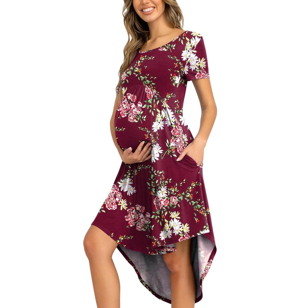 Женское свободное платье миди с высокой талией для беременных и круглым вырезом для беременных с карманом