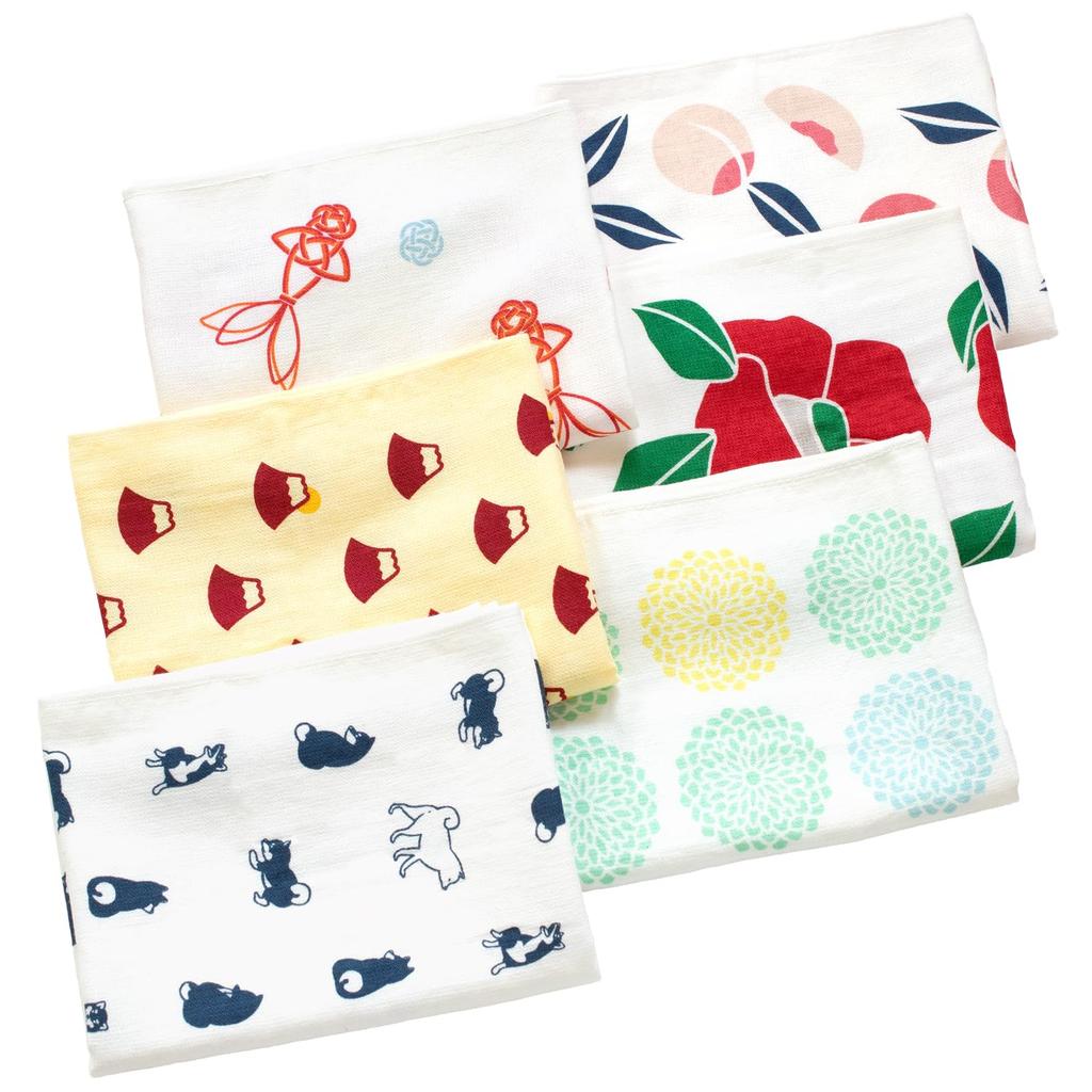Bloom Gauze Face Towels, 6-Piece Set, Comfortable Senshu Towels, Kitchen Towels, Thin, Quick-Drying, Lightweight, Made In Japan, Customizable Design